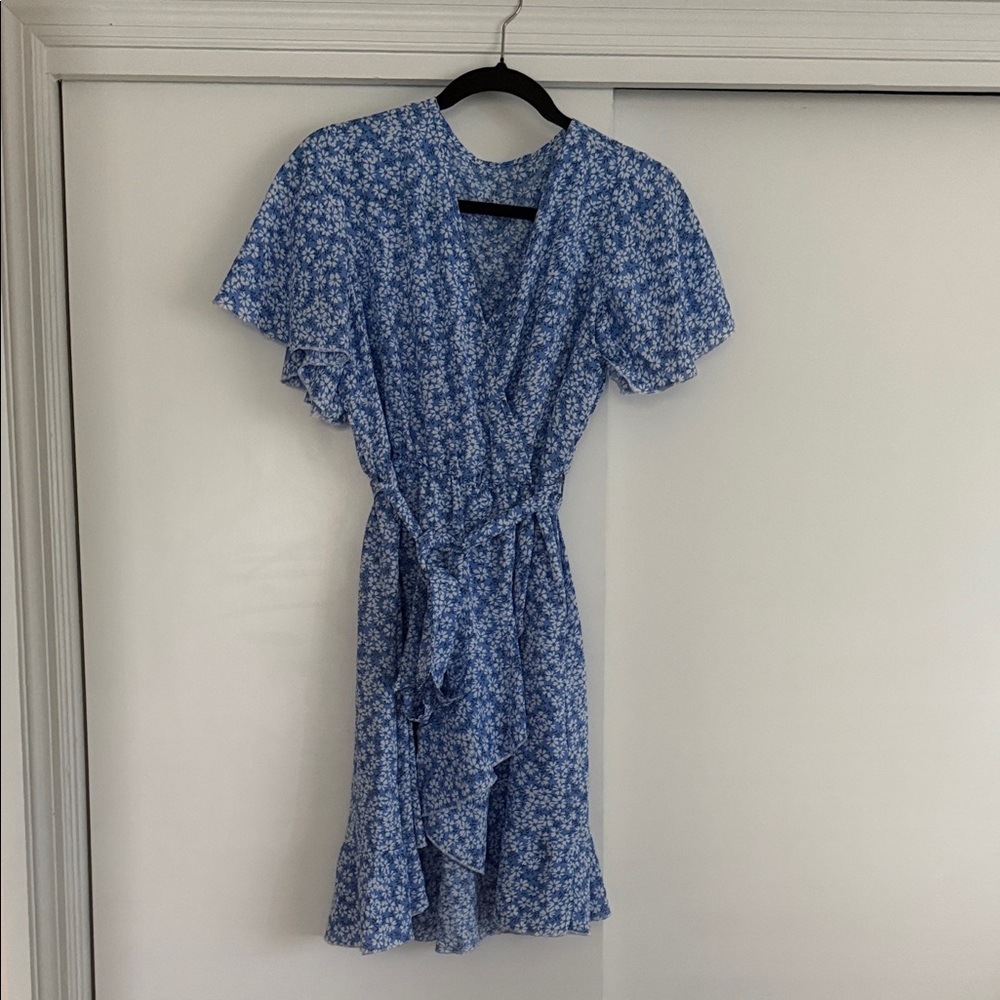 Blue Floral Wrap Dress with Ruffle Hem